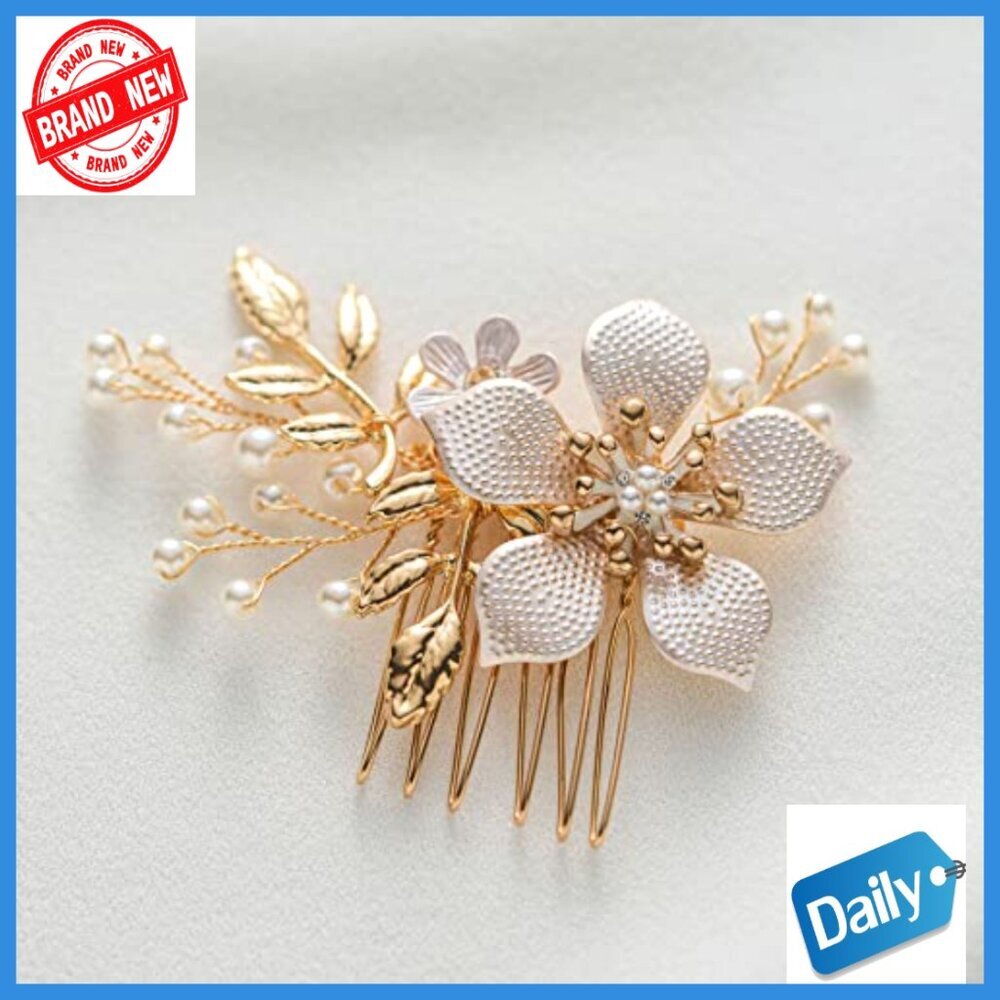 Floral Bridal Hair Comb with Pearls, Gold Plated Wedding Hair Clip - Picture 4 of 6